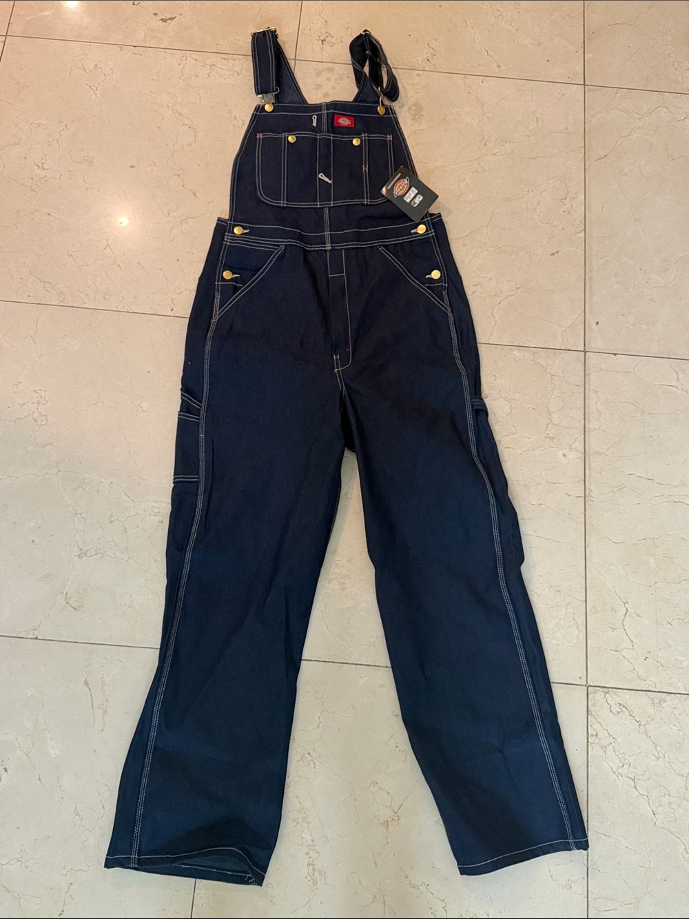 Dickies Men’s Dark Blue Denim Bib Overalls with Contrast Stitching